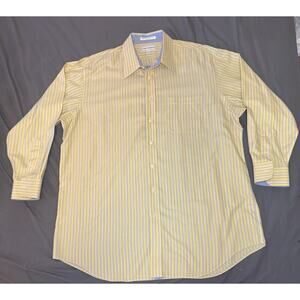 Paul Fredrick Mens Dress Shirt 17.5 33 Yellow Blue White Striped Two-Ply Cotton